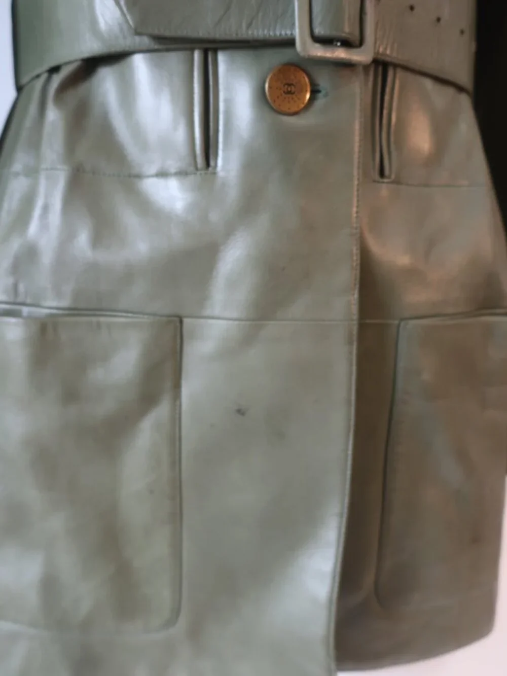 Womens Chanel Green Leather Belted Coat 36 EU/US 4 - Picture 6 of 16